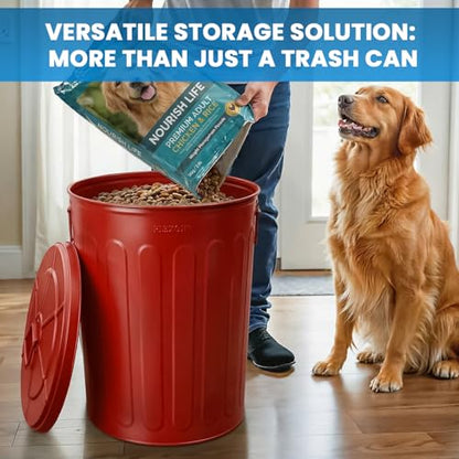 Plexon 20 Gallon Metal Trash Can with Lid Outdoor Large Trash Bin Steel Garbage Can for Garage Patio Farmhouse Bucket Bird Seed Storage Can Heavy Duty Round Container, Red - color: Red
