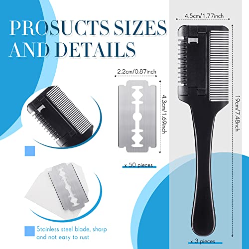 3 Pcs Pet Grooming Razor Comb with 50 Replacement Blades - Double Sided Hair Trimmer, Cutter and Scissors Tool for Dogs and Cats(Black) - color: Black