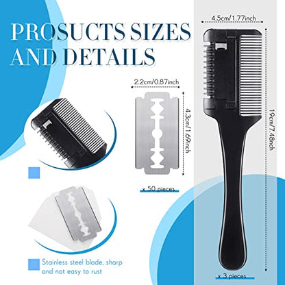 3 Pcs Pet Grooming Razor Comb with 50 Replacement Blades - Double Sided Hair Trimmer, Cutter and Scissors Tool for Dogs and Cats(Black) - color: Black