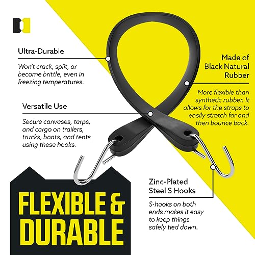 DC Cargo (Pack of 50) Tarp Straps for Flatbed Trailers, 21" Long Natural Rubber Bungee Cord Tie-Downs Ideal for Securing Tarps, Canvases, Cargo in Cold Climates | Tie-Downs w/Metal S-Hooks - size: 50