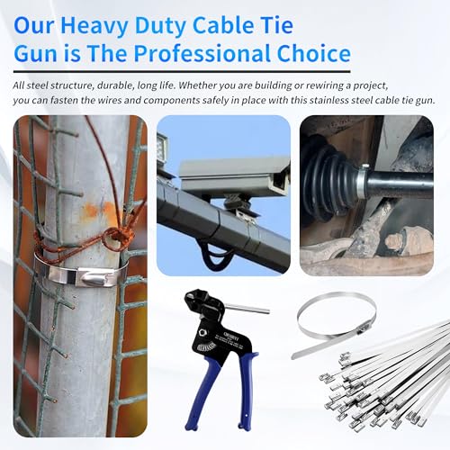 Heavy Steel Cable Tie Tool：Stainless Steel Zip Tie Gun, Metal Tie Wrap Gun Kit, Duty Outdoor Adjustable Fastening Cutting Tie Tool Sets with 100pcs Self-Locking Metal Steel Zip Ties CHUSHUYI