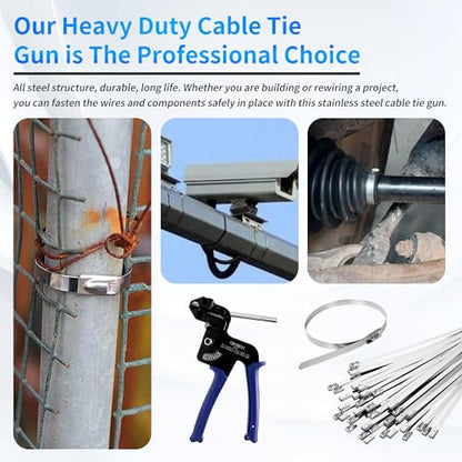 Heavy Steel Cable Tie Tool：Stainless Steel Zip Tie Gun, Metal Tie Wrap Gun Kit, Duty Outdoor Adjustable Fastening Cutting Tie Tool Sets with 100pcs Self-Locking Metal Steel Zip Ties CHUSHUYI