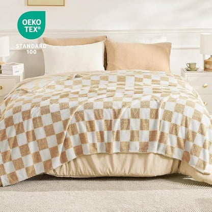 EMME Checkered Blanket Twin Size - 60"x80" Beige Knit Blanket Soft Fluffy Patterned Throw Blankets for Couch, Sofa, Chair, Bed, Camping, Picnic, Travel - color: 21-checkered Beige, size: Twin