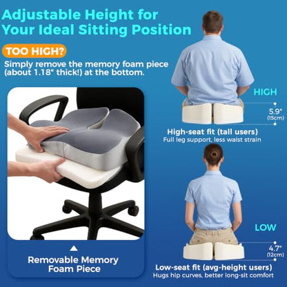 Office Chair Seat Cushion, Adjustable Height Memory Foam Cushion with Coccyx Cutout,Thick Ergonomic Seat Pad for Long Sitting, Tailbone Support for Desk Chair, Washable Cover