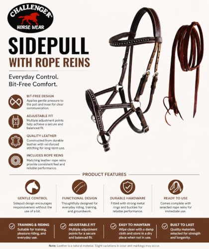 Horse Western Leather Tack Studded Bitless Sidepull Bridle Reins 77RS03 - color: Mahogany