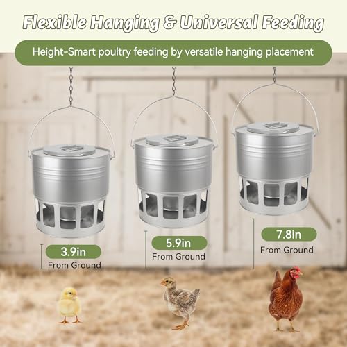 KOL Hanging Chicken Feeder – 20lbs Metal Chicken Feeder No Waste, Adjustable Poultry Feeder with 12 Ports, No Installation & Universal Height Design (Silver) - color: Silver