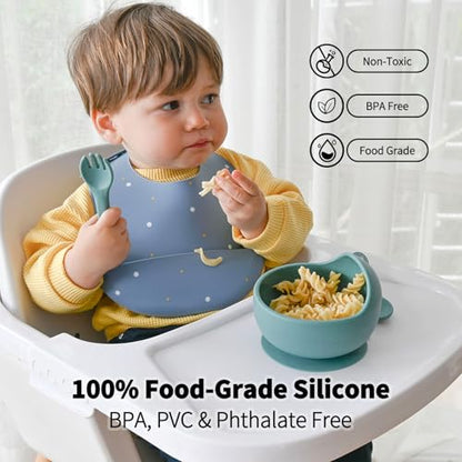 Little Rawr Baby Led Weaning Bundle, 100% Silicone Baby Feeding Set Includes Divided Plate, Suction Bowl, Straw Cup, Bib, Spoon & Fork, Develops Self Feeding Skills, Dishwasher Safe (Blue) - color: Blue