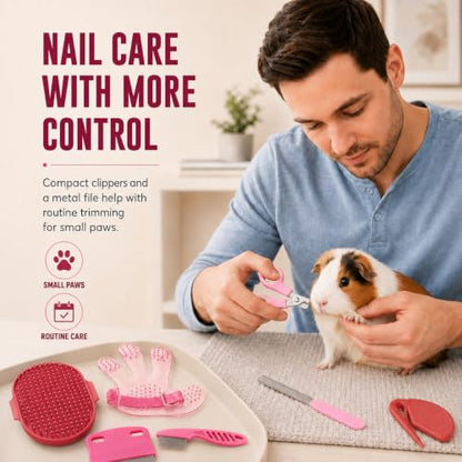 Rabbit Grooming Kit, 7-Piece Bunny Brush and Nail Care, Pink | 7 tools for loose fur, combing, light tangles and nail care; for rabbits, guinea pigs, hamsters and ferrets - color: Pink