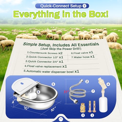 Automatic Animal Drinking Water Bowl with Float Valve, Standard Pipe,3L Stainless Steel Waterer Feeder Farm Dog Dispenser Kit Self Filling for Livestock Horse Goat Water Trough - size: Standard Setup (Essential)