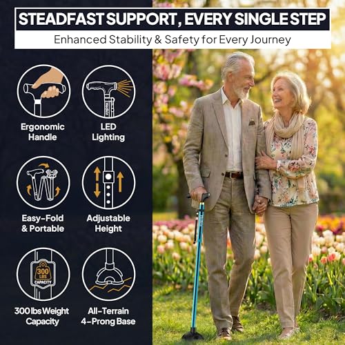 Walking Cane with LED Light, Foldable,Adjustable, Self Standing Walking Canes for Men & Women,Walking Sticks with Quad Base for Seniors & Adults - color: Blue