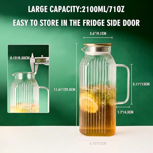 GLASKEY 2.1 Liter 71oz Square Glass Pitcher with Lid, Classic Stripes Water Pitchers with Handle for Fridge, Leak Proof Juice Jug, Borosilicate Glass Carafe for Hot/Cold Brew Drink - size: 71 Ounces