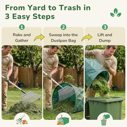 GreatBuddy Leaf Rake and Leaf Bags Combo, Adjustable Metal Garden Rake 29''-72'' 25 Tines, 2 Pack 72 Gallon Reusable Yard Waste Bags, Heavy Duty Lawn Rake with Dustpan Leaf Collector for Yard Cleanup - size: 25 tines & 72 gal 2 packs