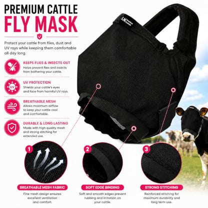 Cattle Livestock Fly Mask Fleece Padding Breathable Mesh Adjustable Fit for All Cattles (Black, Pink) (Black) - color: Black