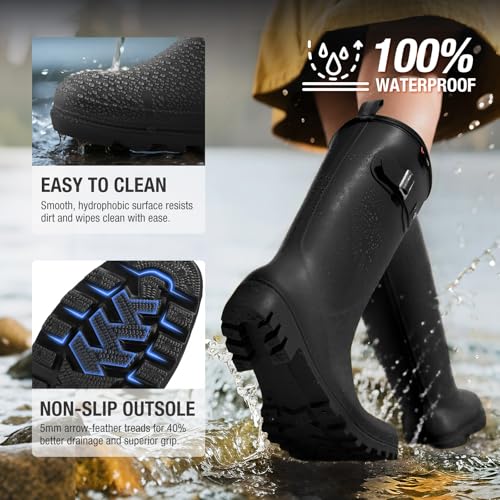 HISEA Women Rain Boots Slim Calf Tall Waterproof Tight PVC Rubber Rainboots - color: Black-slim Calf, size: 6