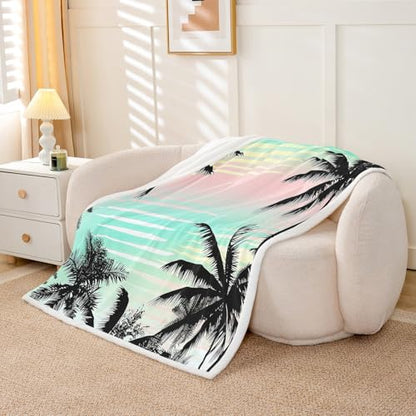 Feelyou Palm Tree Print Sherpa Blanket Hawaiian Tropical Island Fleece Throw Blanket Botanical Branches Plush Fuzzy Blanket for Sofa Bed Couch 50" x 60" - color: Multi 27, size: 50" x 60"