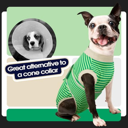 FUAMEY Dog Recovery Suit Male,Dogs Surgery Neuter Suits Puppy Spay Shirts for Female Protect Dog's Skin Anti Licking Abdominal Wounds Doggie Onesie Pet Bodysuit Alternative to Cone Green Stripes XS - color: Green Stripes, size: Xs(back:8.3-11.4in,wt:4-7lb