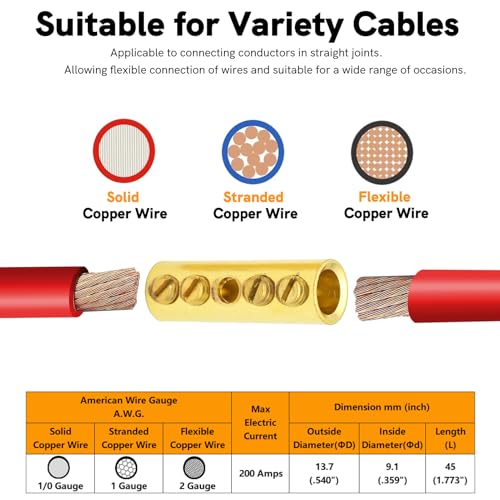 1 Gauge Wire Butt Connectors 6 PCS Brass Mechanical Butt Splice Connectors Kit 1 AWG Mechanical Repair Splice Kit Splice Screw Sleeves 6 PCS Mechanical Splices & 3:1 Heat Shrink Tubes - size: 1 Gauge, style: Mechanical Splice - Bare Pure Brass