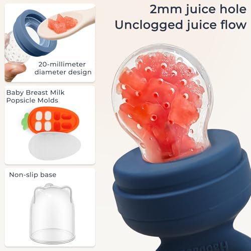 Baby Fruit Feeder 2 Pack with Freezer Tray, 4 Silicone Pouches in 3 Sizes, Breastmilk Popsicle Mold, Food Feeder Pacifier and Silicone Teether for Teething Relief, 4+ Months - color: Blue&Green
