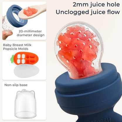 Baby Fruit Feeder 2 Pack with Freezer Tray, 4 Silicone Pouches in 3 Sizes, Breastmilk Popsicle Mold, Food Feeder Pacifier and Silicone Teether for Teething Relief, 4+ Months - color: Blue&Green