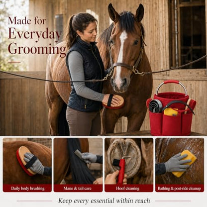 Horse Grooming Kit, 15-Piece Horse Brush Set with Red Tote Bag, Long Shedding Blade, Hoof Pick, Curry Comb, Sweat Scraper, Mane and Tail Comb, Gloves, Equine Grooming Supplies - color: Red