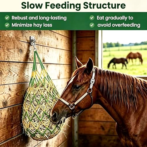 3 PCS Hay Bags for Horses with Carabiners - Heavy Duty Slow Feeder Hay Nets, 2.3-Inch Hole for Horses & Goats, Reduces Waste, Stall Trailer Pasture