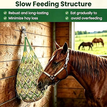 3 PCS Hay Bags for Horses with Carabiners - Heavy Duty Slow Feeder Hay Nets, 2.3-Inch Hole for Horses & Goats, Reduces Waste, Stall Trailer Pasture