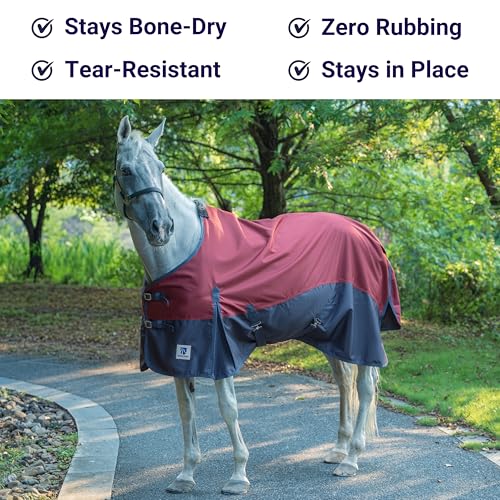 Horse Turnout Rain Sheet | 600 Denier Ripstop Turnout Blanket No Fill (0g) | Waterproof Lightweight Breathable | Tear-Resistant Outer & Rub-Free Silky Inner | Burgundy/Navy - 80 in - color: Burgundy/Navy, size: 80