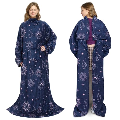 Catalonia Wearable Blanket with Sleeves for Women & Men, Fleece Wrap Throw - color: Astrology Navy
