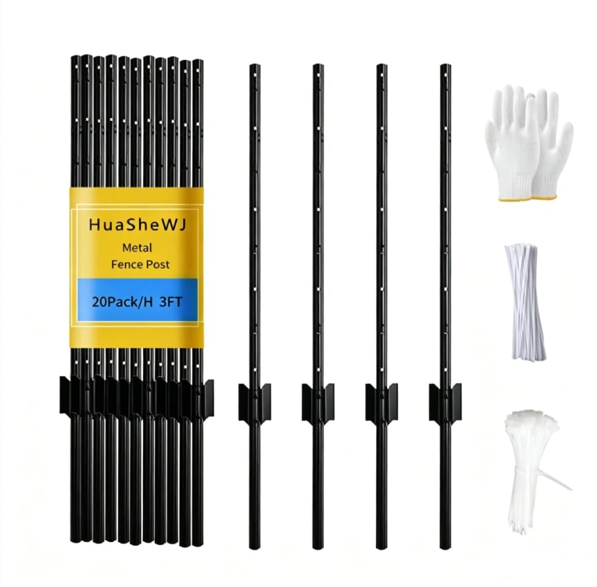 Metal Fence Post 3 Feet Black Pack of 20 U Post for Wire Fence - color: Black 20pcs, size: 3 ft.