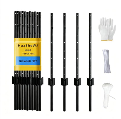 Metal Fence Post 3 Feet Black Pack of 20 U Post for Wire Fence - color: Black 20pcs, size: 3 ft.