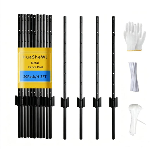 Metal Fence Post 3 Feet Black Pack of 20 U Post for Wire Fence - color: Black 20pcs, size: 3 ft.