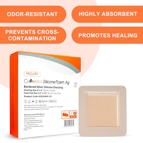 CuraVance Silicone Bordered Dressing with Silver, Absorbent 4"x4" Box of 10 | Sterile And Individually Wrapped - Silver Ag Dressing Pads - Antimicrobial & Odor-Resistant, Highly Absorbent & Medical Grade - size: 10 pack, style: 4"x4" Silver