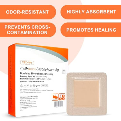 CuraVance Silicone Bordered Dressing with Silver, Absorbent 4"x4" Box of 10 | Sterile And Individually Wrapped - Silver Ag Dressing Pads - Antimicrobial & Odor-Resistant, Highly Absorbent & Medical Grade - size: 10 pack, style: 4"x4" Silver