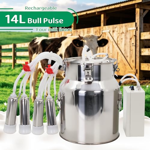Cow Milking Machine 14L Stainless Steel Bucket Rechargeable Battery Powered 4 Teat Cups for Cows and Goats, Electric Pulsation Portable Milker (4 Stainless Steel Milking Cups Liners)