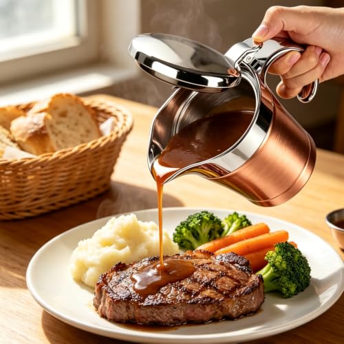 Double Insulated Gravy Boat - Stainless Steel Sauce Jug with Hinged Lid Hinged Lid Ideal for Gravy or Cream at Thanksgiving (450ML/16 OZ Rose gold) - color: 450ML/16 OZ Rose gold
