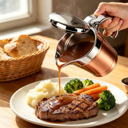 Double Insulated Gravy Boat - Stainless Steel Sauce Jug with Hinged Lid Hinged Lid Ideal for Gravy or Cream at Thanksgiving (450ML/16 OZ Rose gold) - color: 450ML/16 OZ Rose gold