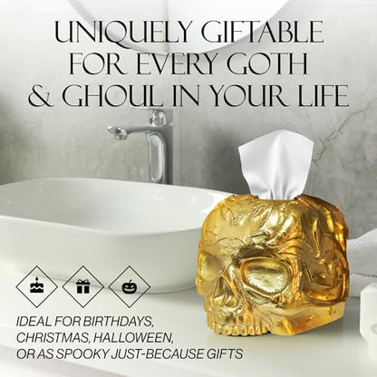 Gothic Skull Tissue Box Cover, Gold, Square by Death Decor - color: Gold