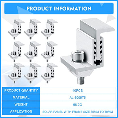 Zhengmy 40 Pack Solar Panel End Clamp Mounting Z Bracket Mid Clamps Aluminum Rail End Clamps Clips Adjustable Panels Grounding Gutter Kit for Pv Mounting System Install Hardware Fasteners Accessory