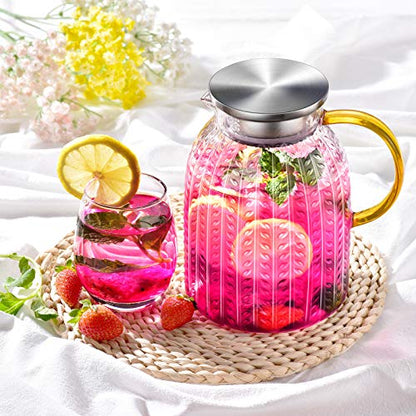 Aofmee 60oz Glass Pitcher, Water Pitcher with Lid, Iced Juice Jugs for Fridge, Glass Carafe for Cold or Hot Beverages, Sun Tea Jar, Easy Clean Heat Resistant Jug for Milk | Thickened Borosilicate Glass Iced Tea Pitcher, Drip-free Spout, Heat/Cold Resistan