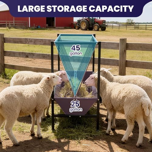 70 Gallon Hay Feeder with 25 Gallon Feed Pan, Heavy-Duty Steel Livestock Hay and Grain Feeder for Goats, Sheep, Calves, Cattle and Horses, Easy Assembly for Barn or Pasture