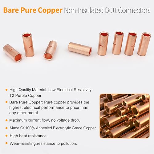 SVAAR 40 PCS 8 AWG Non-Insulated Butt Connectors Crimp Repair Butt Splices Kit, Uninsulated Butt Splice Connectors for 8 Gauge Wire, Bare Copper Seamless Barrel Heavy Duty Crimp Butt Splice Terminals - color: Bare Pure Copper