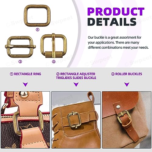 Swpeet 5 Style Metal Buckles - Adjustable Slide, D Ring, Circular Ring - color: Bronze, size: 1 Inch