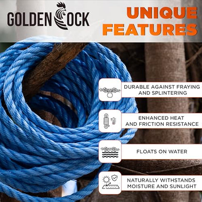 1102lbs Heavy Duty PP/Polyester/Nylon Rope, Blue, 1/4in X 98FT | Weather-Resistant & Waterproof Rope for Pool, Camping, Construction & Rigging Applications - color: Blue, size: 1/4in X 98FT