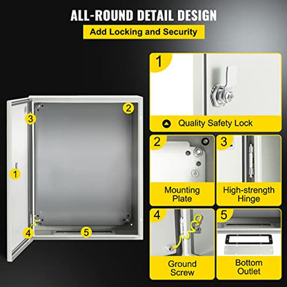 VEVOR NEMA Steel Enclosure, 20 x 16 x 6'' NEMA 4X Steel Electrical Box, IP66 Waterproof & Dustproof, Outdoor/Indoor Electrical Junction Box, with Mounting Plate - size: 20 x 16 x 6