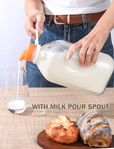 KMIGRUAN 64oz Glass Milk Bottle with Lid, 2Pack Heavy Duty Glass Water Jugs | 2Qt Storage Bottles with Scale Marks, 2 Pour Spouts & Airtight Lids for Milk, Juice, Water, Refrigerator Storage & Daily Use - style: 2Pack