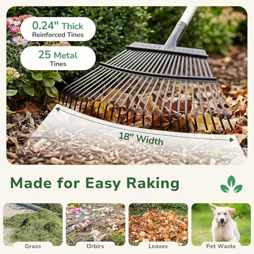 GreatBuddy Leaf Rake and Leaf Bags Combo, Adjustable Metal Garden Rake 29''-72'' 25 Tines, 2 Pack 72 Gallon Reusable Yard Waste Bags, Heavy Duty Lawn Rake with Dustpan Leaf Collector for Yard Cleanup - size: 25 tines & 72 gal 2 packs