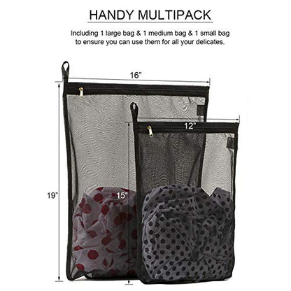 TENRAI Delicates Laundry Bags, Bra Fine Mesh Wash Bag for Underwear, Lingerie, Bra, Pantyhose, Socks, Use YKK Zipper, Have Hanger Loops (Black, 1 Large & 1 Medium) - size: 1HL-YKK-LBR2-BLACK-1ML