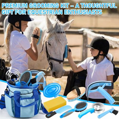 Cunhill 9 Pcs Horse Grooming Kit Tack Room Supplies, Classic, Light Blue - color: Light Blue, style: Classic