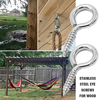 6 Pcs M6 304 Stainless Steel Screw Eye Hooks, 2-1/2 Inches Eyes Screw Hooks,Heavy Duty Screw Eye Bolt,Load Bearing 200LB,Indoor & Outdoor Use