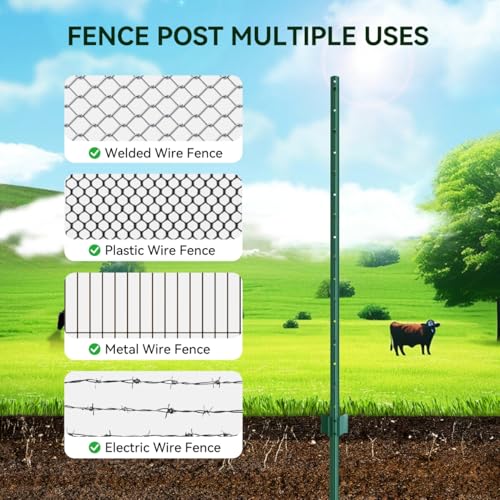 Metal Fence Post 3 Feet Green, Pack of 10, T Post for Wire Fence - color: Green 10pcs, size: 3 ft.